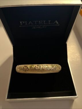 Cream Floral Enamel Bangle Bracelet with Pink and Green Accents